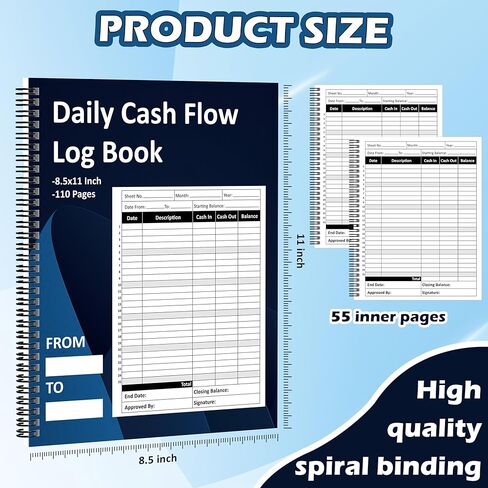 GLDTPOZK Daily Cash Flow Log Book 8.5 x 11 Inch Spiral Bound Financial Record Keeping Notebook Petty Cash Large Ledger Book for Small Business Store Office Home Accounting 110 Pages in Saudi Arabia