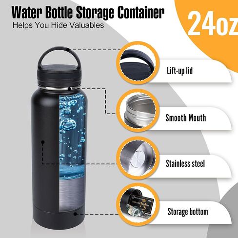 BarGifts 24oz Hidden Safe Water Bottle, Stainless Steel Secret Water Bottle with Hidden Compartment, Bottle Keeps Your Valuables Safe Like Money, Keys, and Jewelry- Black in Saudi Arabia