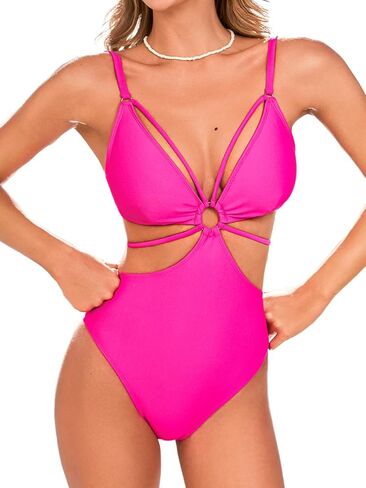 CUPSHE Women's One Piece Swimsuit Monokini V Neck Cutout Bathing Suit Back Hook Self Tie Adjustable Straps Swimwear in Saudi Arabia
