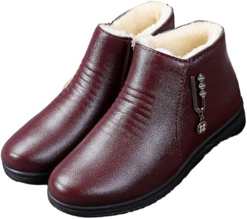 حذاء نسائي بكعب عريض للكاحل من الجلد الناعم وسحاب جانبي وزخارف معدنية لامعة للشتاء الدافئ مبطن بالفرو حذاء الثلوج in Kuwait