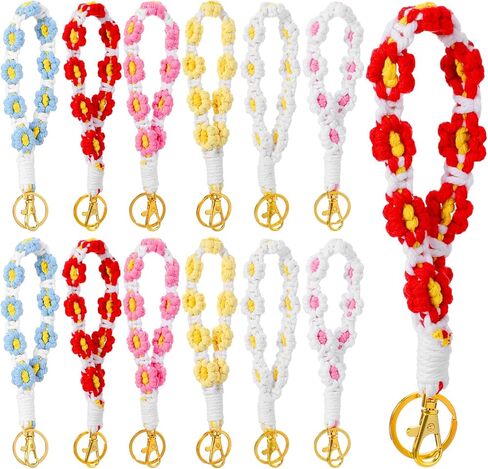 12 Pcs Boho Macrame Keychain flower wristlet keychain bulk for women groovy party favors birthday party decorations Handcrafted Aesthetic Key Chain with Tassel for Women Car Key Purse Wall in Kuwait
