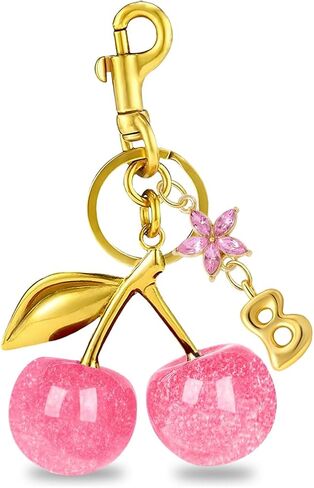 Pink Cherry Keychain with Initial Charm, Gold-Tone Bubble Letter Bag Accessory, Crystal Flower Purse Charm in Saudi Arabia