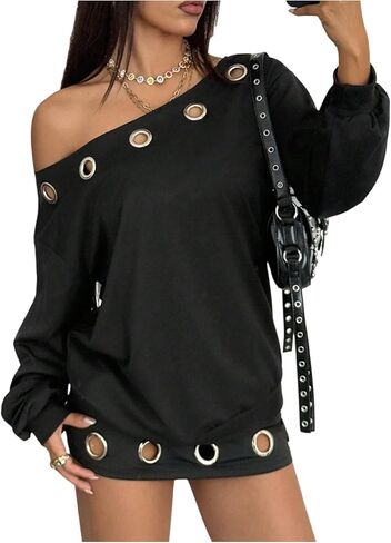 Floerns Women's Off The Shoulder Fall Sweatshirts Long Sleeve Grommet Eyelet Y2k Pullover Tops in Saudi Arabia