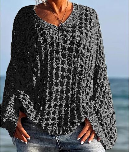 Women's Openwork Pullover Sweater Solid-Color Long-Sleeve Knit Top Loose-Fit Comfortable Blouse in Saudi Arabia