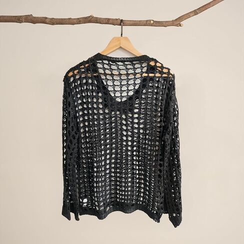 Women's Openwork Pullover Sweater Solid-Color Long-Sleeve Knit Top Loose-Fit Comfortable Blouse in Saudi Arabia
