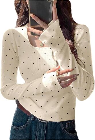 GORGLITTER Women's Cozy Polka Dots Sweater Long Sleeve Dressy Casual Fall Jumper Tops with Thumb Hole in Saudi Arabia
