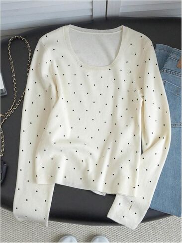 GORGLITTER Women's Cozy Polka Dots Sweater Long Sleeve Dressy Casual Fall Jumper Tops with Thumb Hole in Saudi Arabia