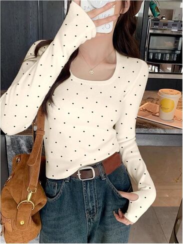 GORGLITTER Women's Cozy Polka Dots Sweater Long Sleeve Dressy Casual Fall Jumper Tops with Thumb Hole in Saudi Arabia