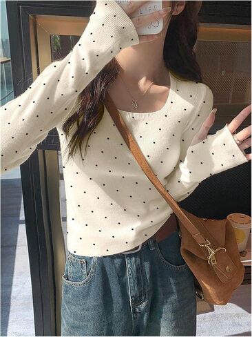 GORGLITTER Women's Cozy Polka Dots Sweater Long Sleeve Dressy Casual Fall Jumper Tops with Thumb Hole in Saudi Arabia