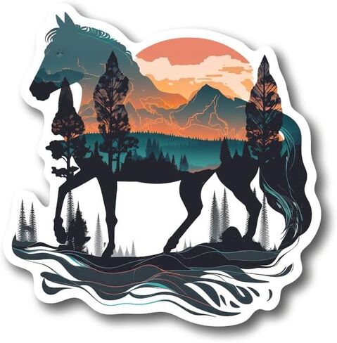 (2 Pack) Horse with Sunset Stickers - Cool Retro Equistrian - 5" On Longest Side - for Car, Truck, SUV - Easy Peel and Stick Vinyl Decals - Made in USA - BMCS0121 in Kuwait