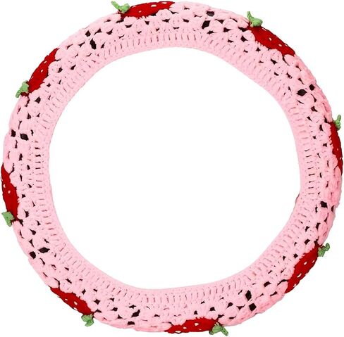 Crochet Steering Wheel Cover, Breathable Comfortable Handmade Interior Protector, Cute Strawberry Bohemian Style Car Decoration for Women, for 14.17" to 15.74" Round Steering Wheel (White) in Kuwait