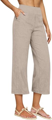 Capri Pants for Women Cotton Linen High Waist Pull On Wide Leg Cropped with Pockets Capris Summer Yoga Vacation in Saudi Arabia