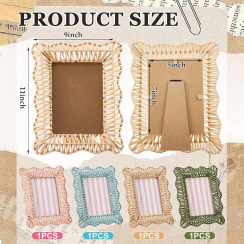 4 Pack Wicker Weave Scalloped Picture Frame 5 x 7 Inch Colorful Cute Boho Rattan Photo Frame Wavy Edge Decorative Wood Farmhouse Home Decor for Wall and Tabletop Display Family Wedding Gifts in Kuwait