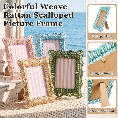 4 Pack Wicker Weave Scalloped Picture Frame 5 x 7 Inch Colorful Cute Boho Rattan Photo Frame Wavy Edge Decorative Wood Farmhouse Home Decor for Wall and Tabletop Display Family Wedding Gifts in Kuwait