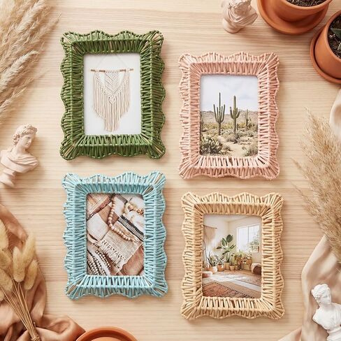 4 Pack Wicker Weave Scalloped Picture Frame 5 x 7 Inch Colorful Cute Boho Rattan Photo Frame Wavy Edge Decorative Wood Farmhouse Home Decor for Wall and Tabletop Display Family Wedding Gifts in Kuwait