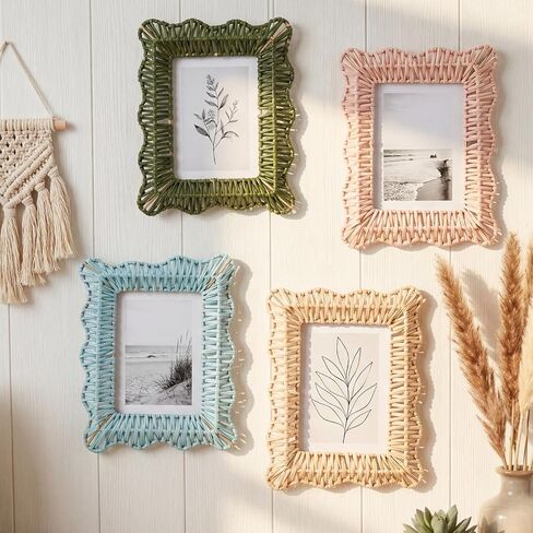 4 Pack Wicker Weave Scalloped Picture Frame 5 x 7 Inch Colorful Cute Boho Rattan Photo Frame Wavy Edge Decorative Wood Farmhouse Home Decor for Wall and Tabletop Display Family Wedding Gifts in Kuwait
