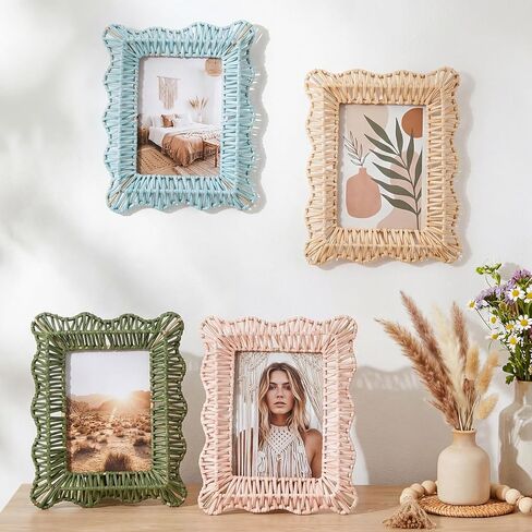 4 Pack Wicker Weave Scalloped Picture Frame 5 x 7 Inch Colorful Cute Boho Rattan Photo Frame Wavy Edge Decorative Wood Farmhouse Home Decor for Wall and Tabletop Display Family Wedding Gifts in Kuwait