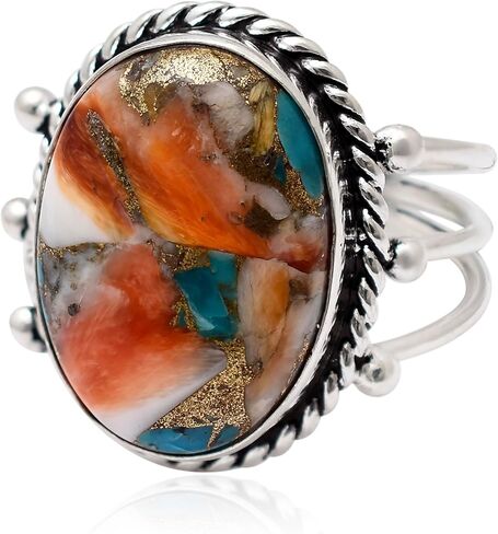 Natural Orange Oyster Turquoise Gemstone 925 Solid Sterling Silver Handmade Statement Ring for Women Christmas Gift (7, Oyster Turquoise) in Saudi Arabia