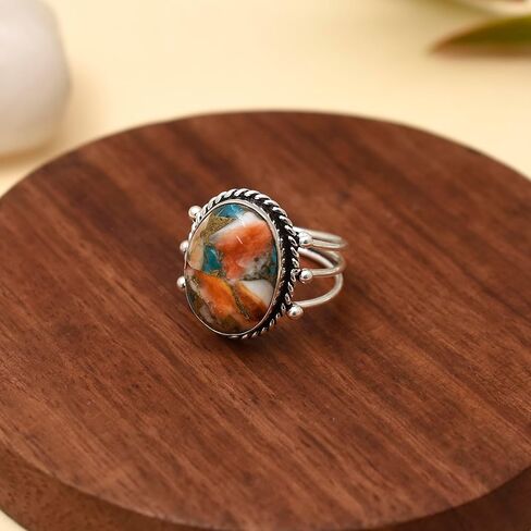 Natural Orange Oyster Turquoise Gemstone 925 Solid Sterling Silver Handmade Statement Ring for Women Christmas Gift (7, Oyster Turquoise) in Saudi Arabia