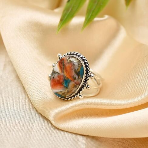 Natural Orange Oyster Turquoise Gemstone 925 Solid Sterling Silver Handmade Statement Ring for Women Christmas Gift (7, Oyster Turquoise) in Saudi Arabia