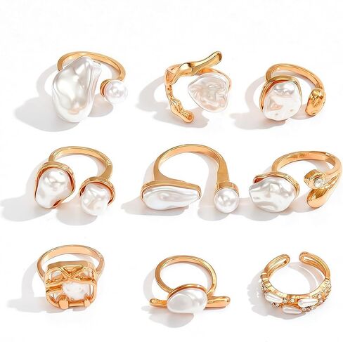 9 PCS Adjustable Gold Pearl Rings for Women - Chunky Ring Set with Baroque Pearls & Rhinestones, Elegant Stacking Boho Chunky Jewelry, Vintage & Modern Fashion Jewelry Gift in Saudi Arabia