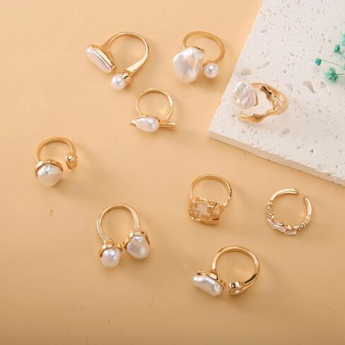 9 PCS Adjustable Gold Pearl Rings for Women - Chunky Ring Set with Baroque Pearls & Rhinestones, Elegant Stacking Boho Chunky Jewelry, Vintage & Modern Fashion Jewelry Gift in Saudi Arabia