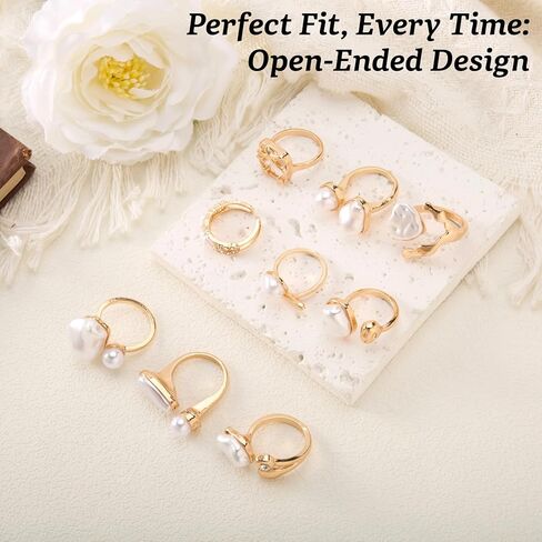 9 PCS Adjustable Gold Pearl Rings for Women - Chunky Ring Set with Baroque Pearls & Rhinestones, Elegant Stacking Boho Chunky Jewelry, Vintage & Modern Fashion Jewelry Gift in Saudi Arabia