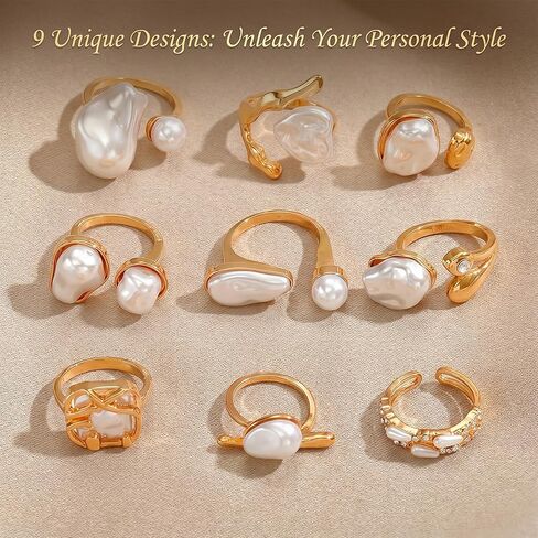 9 PCS Adjustable Gold Pearl Rings for Women - Chunky Ring Set with Baroque Pearls & Rhinestones, Elegant Stacking Boho Chunky Jewelry, Vintage & Modern Fashion Jewelry Gift in Saudi Arabia