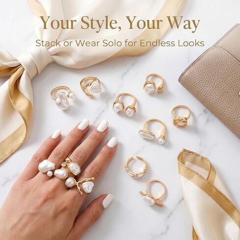 9 PCS Adjustable Gold Pearl Rings for Women - Chunky Ring Set with Baroque Pearls & Rhinestones, Elegant Stacking Boho Chunky Jewelry, Vintage & Modern Fashion Jewelry Gift in Saudi Arabia