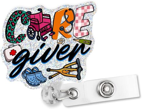 Care Giver Badge Reel, Funny Glitter Retractable with Shark Clip Cute Retractable Badge Reel with Shark Clip Gifts for Hospice Workers Elder Home Caregiver, Gifts for Female Caregiver in Saudi Arabia