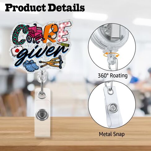 Care Giver Badge Reel, Funny Glitter Retractable with Shark Clip Cute Retractable Badge Reel with Shark Clip Gifts for Hospice Workers Elder Home Caregiver, Gifts for Female Caregiver in Saudi Arabia