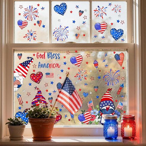 ZAWE 9 أوراق التماثيل الحب قلوب الألعاب النارية أمريكا نجوم الرابع من يوليو نافذة يتمسك يوم الذكرى الوطنية على الوجهين قابلة لإعادة الاستخدام ملصقات نافذة ثابتة لتزيين المنزل والفصول الدراسية in Kuwait