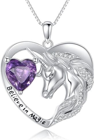 Unicorn Heart Necklace, Dainty 925 Sterling Silver Amethyst Pendant with CZ, Fantasy Magical Jewelry Gift for Women in Kuwait