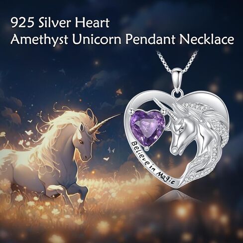 Unicorn Heart Necklace, Dainty 925 Sterling Silver Amethyst Pendant with CZ, Fantasy Magical Jewelry Gift for Women in Kuwait