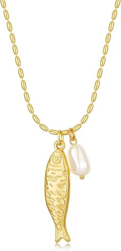 Fish Pendant Necklace for Women 14k Gold Plated Ball Chain Bohemian Pearl Fish Charm Pendant Necklace for Beach Summer in Saudi Arabia