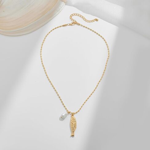 Fish Pendant Necklace for Women 14k Gold Plated Ball Chain Bohemian Pearl Fish Charm Pendant Necklace for Beach Summer in Saudi Arabia