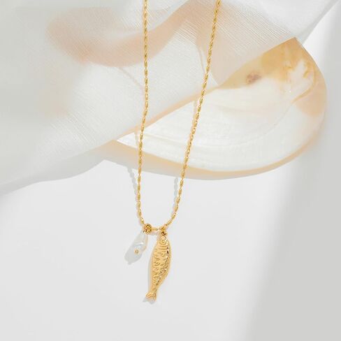 Fish Pendant Necklace for Women 14k Gold Plated Ball Chain Bohemian Pearl Fish Charm Pendant Necklace for Beach Summer in Saudi Arabia