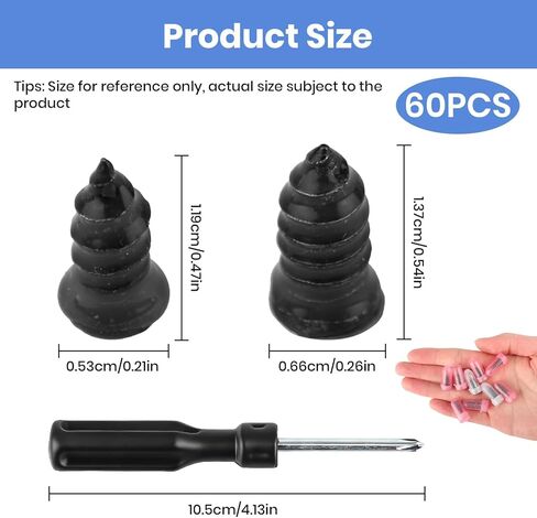 60PCS Vacuum Tire Repair Rubber Nail Kit with 2 Sizes, Screw in Tire Plugs of Tire Punctures with Screwdriver, Self Service Tire Repair Screw Plug, Tire Repair Kit for Car, Truck, Motorcycle, Tractor in Kuwait