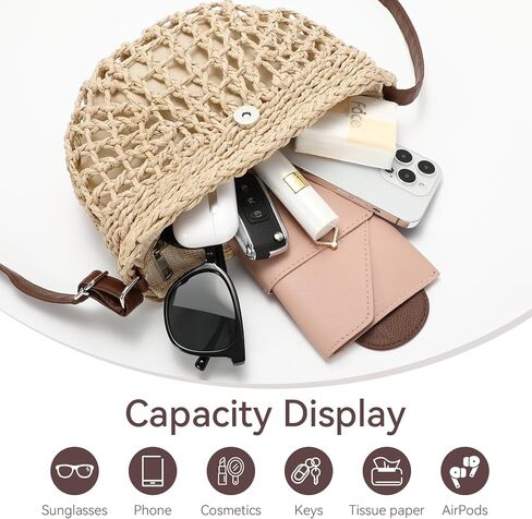 حقيبة مصنوعة من القش ومحفظة للشاطئ ومحافظ صيفية للنساء وحقائب يد للعطلات وحقائب كروس منسوجة باللون البيج in Kuwait