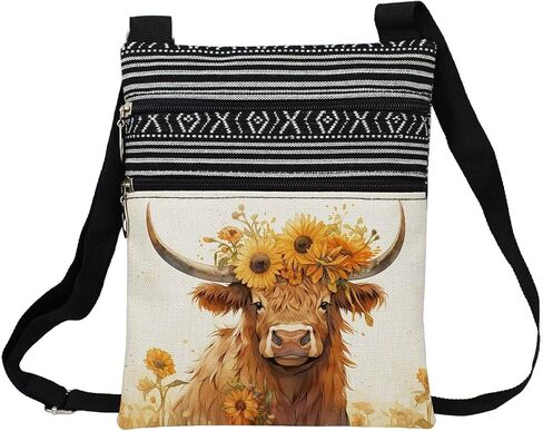 Floral Highland Cattle Messenger Bag Small Ethnic Pattern Printed Adjustable Strap Crossbody Zipper Bag Floral Highland Cattle Phone Bag Wallet Cute Shoulder Handbag for Women in Kuwait