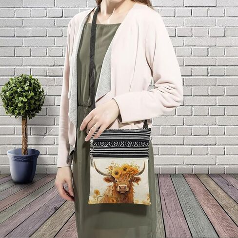 Floral Highland Cattle Messenger Bag Small Ethnic Pattern Printed Adjustable Strap Crossbody Zipper Bag Floral Highland Cattle Phone Bag Wallet Cute Shoulder Handbag for Women in Kuwait