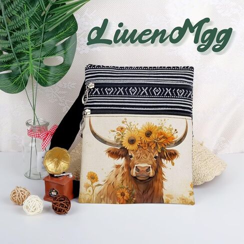 Floral Highland Cattle Messenger Bag Small Ethnic Pattern Printed Adjustable Strap Crossbody Zipper Bag Floral Highland Cattle Phone Bag Wallet Cute Shoulder Handbag for Women in Kuwait