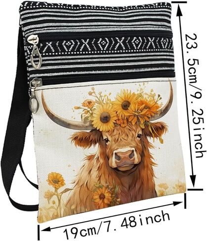 Floral Highland Cattle Messenger Bag Small Ethnic Pattern Printed Adjustable Strap Crossbody Zipper Bag Floral Highland Cattle Phone Bag Wallet Cute Shoulder Handbag for Women in Kuwait