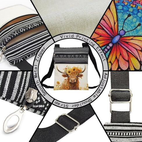 Floral Highland Cattle Messenger Bag Small Ethnic Pattern Printed Adjustable Strap Crossbody Zipper Bag Floral Highland Cattle Phone Bag Wallet Cute Shoulder Handbag for Women in Kuwait