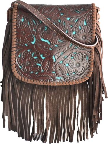 western floral tooled 100% leather fringe cross body purse (brown) Small in Saudi Arabia