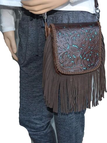 western floral tooled 100% leather fringe cross body purse (brown) Small in Saudi Arabia