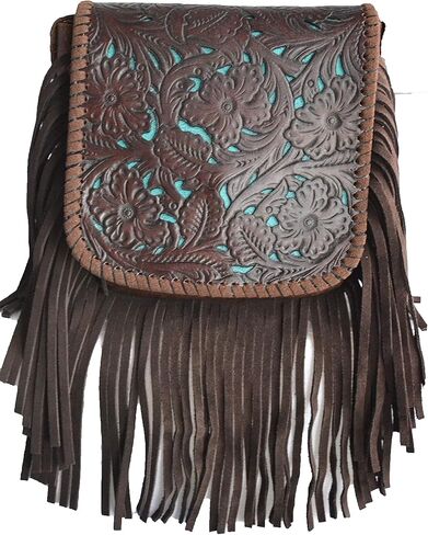 western floral tooled 100% leather fringe cross body purse (brown) Small in Saudi Arabia
