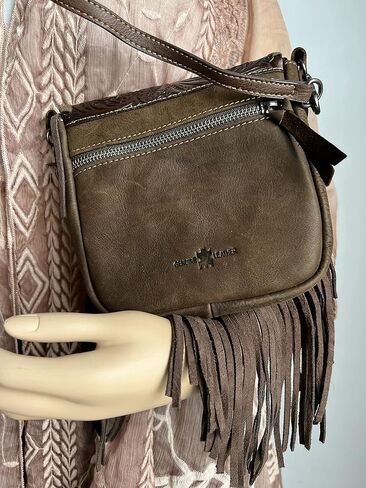 western floral tooled 100% leather fringe cross body purse (brown) Small in Saudi Arabia