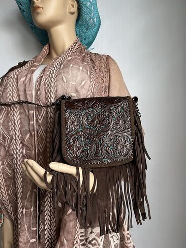 western floral tooled 100% leather fringe cross body purse (brown) Small in Saudi Arabia