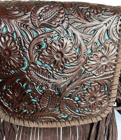 western floral tooled 100% leather fringe cross body purse (brown) Small in Saudi Arabia